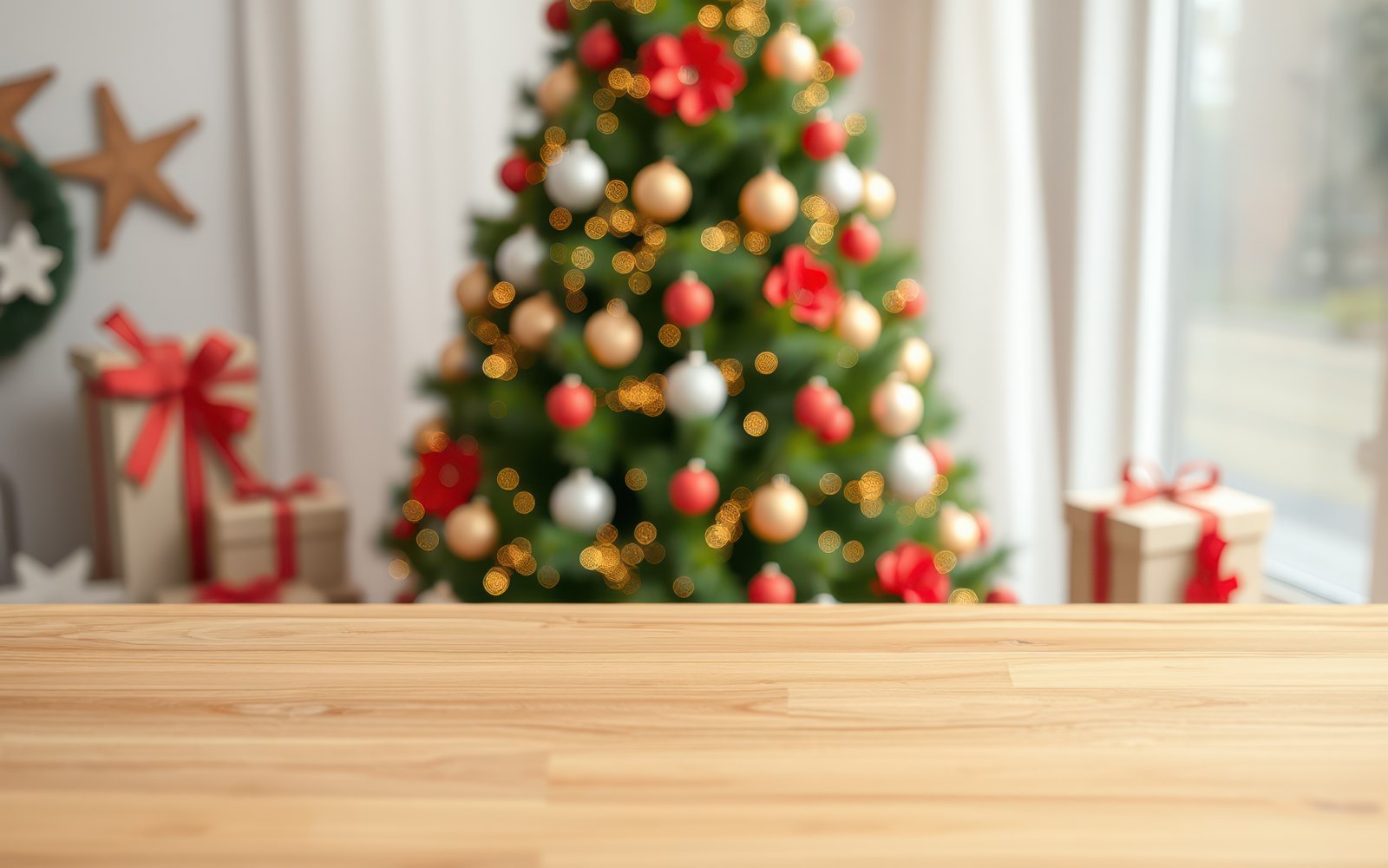 Cozy indoor setting with a beautifully decorated Christmas tree and gifts ready for the holiday celebration